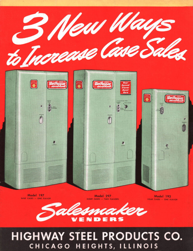 The Forgotten Story of Salesmaker Vending Machines and Dr Pepper’s Mid-Century Rise 2 Vintage Salesmaker vending machine with Dr Pepper branding, manufactured by Highway Steel Products Company in Chicago Heights, Illinois.