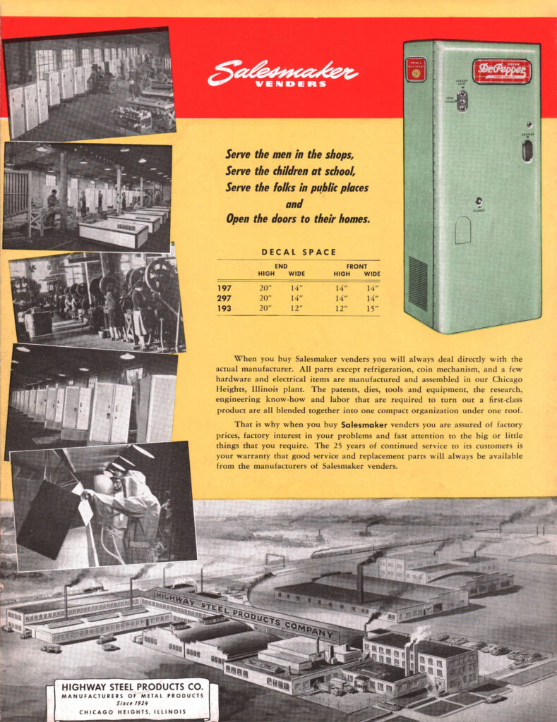The Forgotten Story of Salesmaker Vending Machines and Dr Pepper’s Mid-Century Rise 3 Mid-century promotional ad for Salesmaker Vender Program by Highway Steel Products featuring Dr Pepper vending machines.