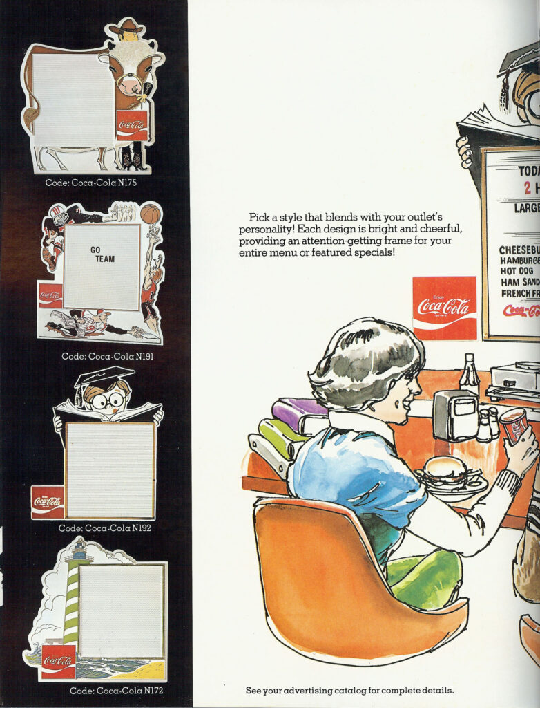 Coca-Cola Marketeer Menu Boards catalog page showing custom themes like cow-shaped and lighthouse menu frames.