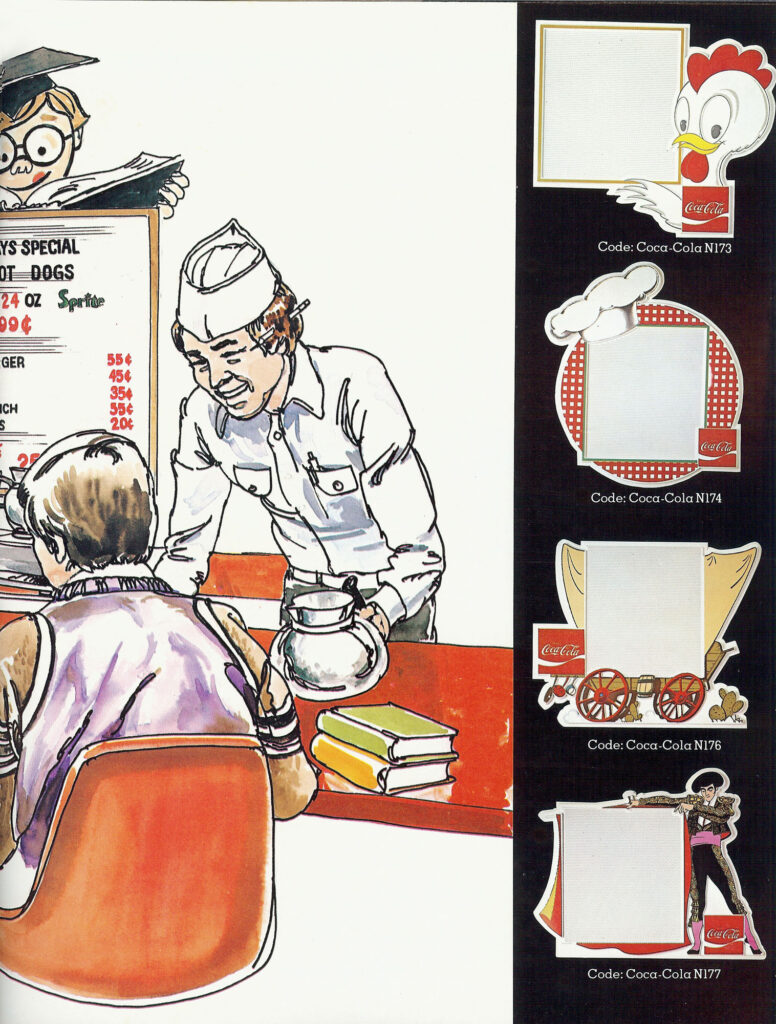 Coca-Cola Marketeer Menu Boards catalog page showing custom themes like cow-shaped and lighthouse menu frames.