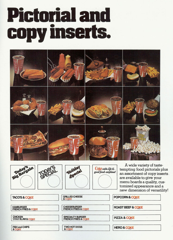 Vintage food photography insert from Coca-Cola Marketeer Menu Boards catalog featuring pizza and Coke.