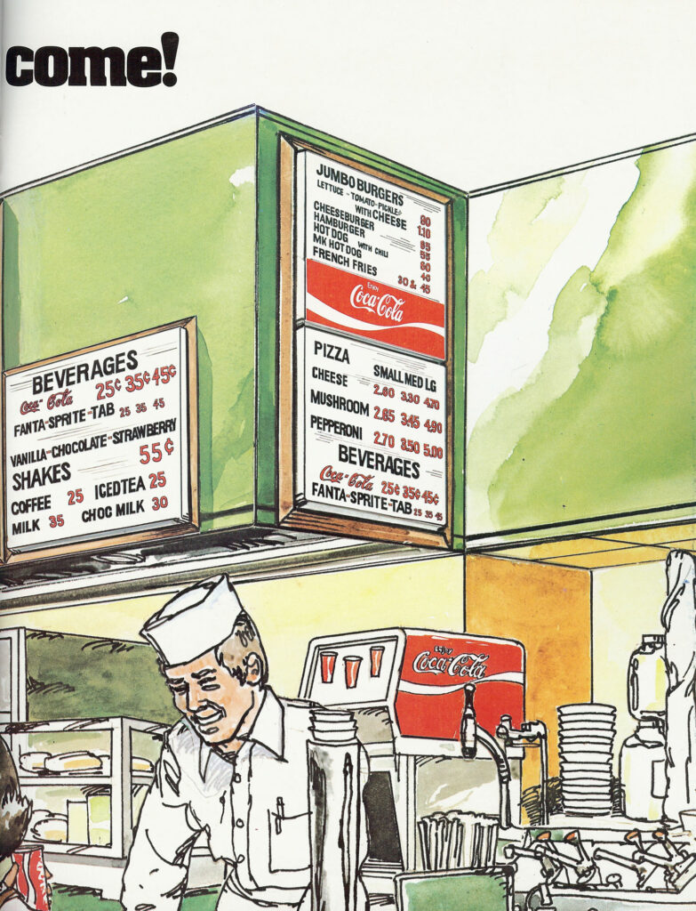 Illustration of a 1970s diner interior with Coca-Cola branded menu boards and vintage pricing.